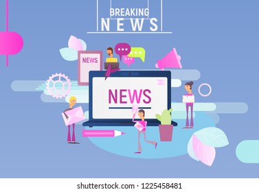 Modern Flat Design of News Breaking  Concept. Young Men and Women are standing near Big Laptop and Reading News. Vector Illustration.