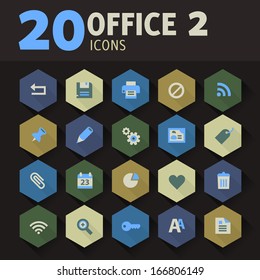 Modern flat design office icons on hexagon buttons, set 2