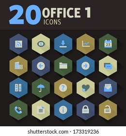 Modern flat design office icons on hexagon buttons, set 1