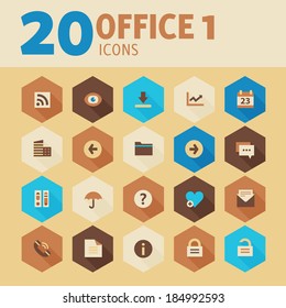 Modern flat design office icons, set 1, on hexagon buttons in beige gamut, 10 eps