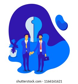 Modern flat design on partnership or teamwork with business men shaking hands as symbol of deal finalization. 