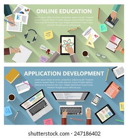 Modern flat design online education and app development concept  for e-business, web sites, mobile applications, banners, corporate brochures, book covers, layouts etc. Vector eps10 illustration