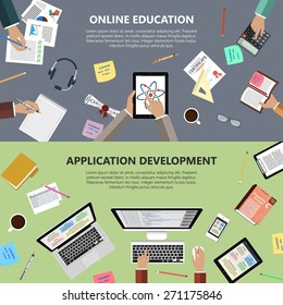 Modern flat design online education and app development concept  for e-business, web sites, mobile applications, banners, corporate brochures, book covers, layouts etc. Vector eps10 illustration