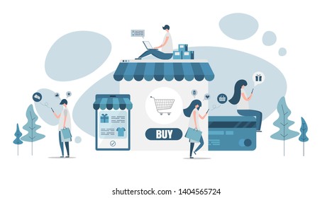 Modern Flat design. Online shopping and Business concept with people for M-commerce, online payment, Landing page template. isolated on white background.