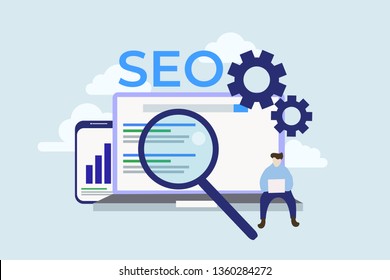 Diseño plano moderno y el concepto de negocio de páginas optimizadas SEO, con carácter de persona minúscula para la plantilla de página de inicio web, banner, volante y presentación.