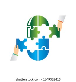 diseño plano moderno con puzzle de pastillas y ilustración de diseño vectorial del equipo médico