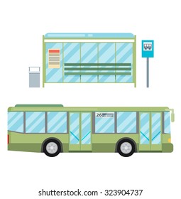 modern flat design public transport items bus stop structure and city transit shorter distance bus, side view