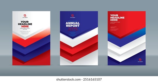 Modern flat design red, blue, white arrow shape on white background. A4 size book cover template for annual report, magazine, booklet, proposal, portfolio, brochure, poster