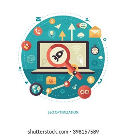 Modern flat design SEO optimization business, start up vector infographics illustration with a rocket on a laptop screen, robot arm and magnifying glass