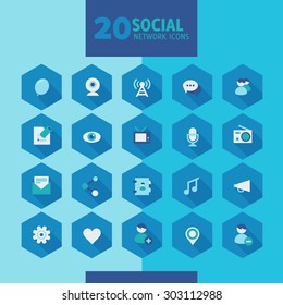 Modern flat design social icons on hexagon buttons in blue gamut, 10 eps