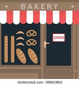 Modern flat design square architecture retro style local bakery shop store. Bread products exposed in window