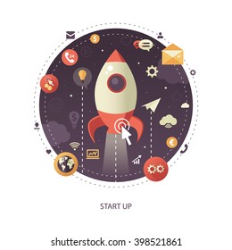 Modern flat design start up business vector infographics illustration with a rocket liftoff to the space