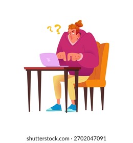Diseño plano moderno de un hombre estresado con un signo de interrogación sobre su cabeza, luchando mientras trabaja en una computadora portátil. Ideal para temas de confusión, error, resolución de problemas y dificultad tecnológica.