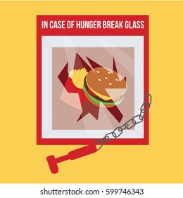 a modern flat design style funny & clean vector red sign with a text - in case of hunger break glass with simple broken glass & system alarm like a greeting card on a yellow background  illustration
