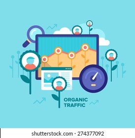 Modern flat design style illustration of driving organic traffic, increasing customers visits number, successful blogging, SEO, online marketing. Concept of getting organic traffic on a website