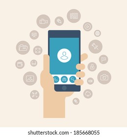 Modern flat design style vector illustration concept of hand holding smartphone with multimedia apps icons and mobile user interface on the phone screen. Isolated on stylish color background.