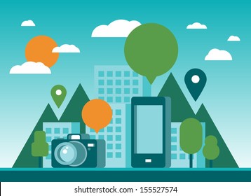 Modern flat design stylish vector illustration background of future city with mobile phone, digital camera, empty speech bubble and pin icons.