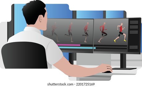 A modern flat design of a stylized office desk with a designer working on a motion graphic of running.