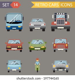 Modern Flat Design Symbols Stylish Retro Car Icons Set Isolated on Grey Background Vector Illustration