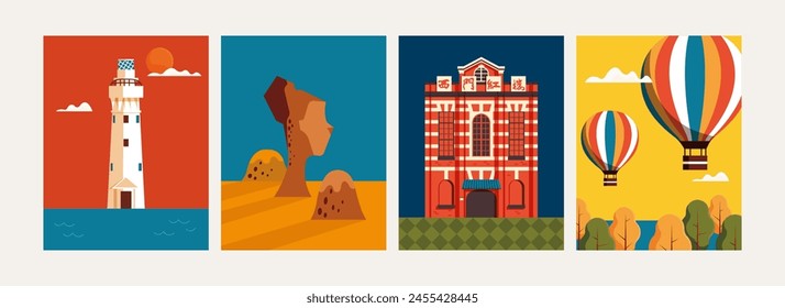 Modern flat design Taiwan landmark posters. Lighthouse, geopark, building, and hot air balloons.