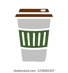 Modernes flaches Design Take-away Kaffeetasse Symbol mit grünem Ärmel und braunem Deckel auf weißem Hintergrund	
