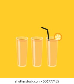 Modern flat design of three glasses with orange juice. 
Sweet organic smoothie arranged in row on the yellow background.
Big copy space on the top of the image.
