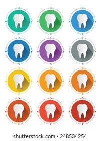 Modern flat design tooth icons set with long shadow effect