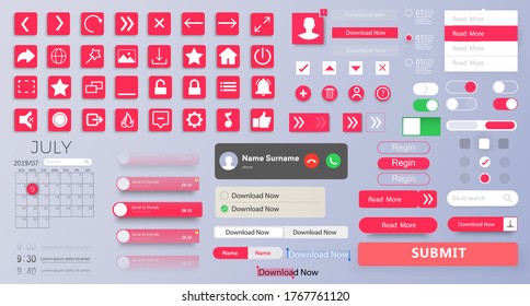 Modern flat design ui, ux, kit for mobile applications and websites. Universal user interface template with responsive design, tools and buttons. Flat icons, buttons with menu, progress bar and social