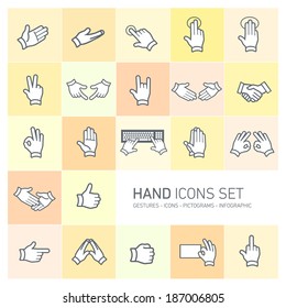 modern flat design vector hand icons and pictograms set isolated on colorful yellow and orange background