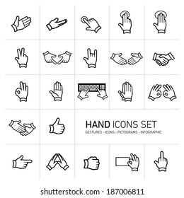 modern flat design vector hand icons and pictograms set black isolated on white background