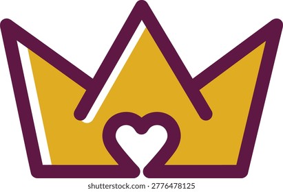 Modern flat design vector icon of a royal crown combined with a heart symbol. Geometric and minimalist style with deep purple outlines and solid gold fill, isolated on white background.
