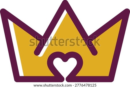 Modern flat design vector icon of a royal crown combined with a heart symbol. Geometric and minimalist style with deep purple outlines and solid gold fill, isolated on white background.