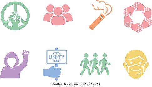 Modern flat design vector icons depicting social issues, protest, community, unity, and public health awareness.