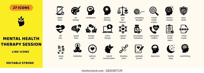 Modern flat design vector icons depicting health, therapy, mindfulness, and wellness concepts perfect for apps, websites, and marketing materials.