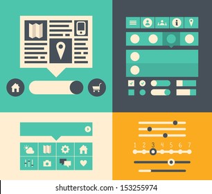 Modern flat design vector illustration icons set of buttons, forms, tabs, sliders and other navigation elements for website user interface. Isolated on colored background