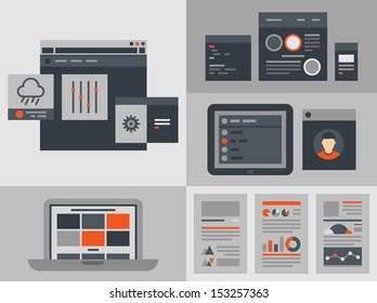 Modern flat design vector illustration icons set of buttons, forms, tabs, sliders and other navigation and infographic elements for website user interface. Isolated on gray background