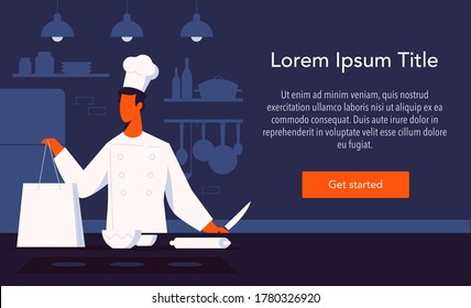 Moderna ilustración vectorial de diseño plano, cocinero jefe en una cocina de restaurante. Página web de entrega de restaurantes, página de aplicación. 