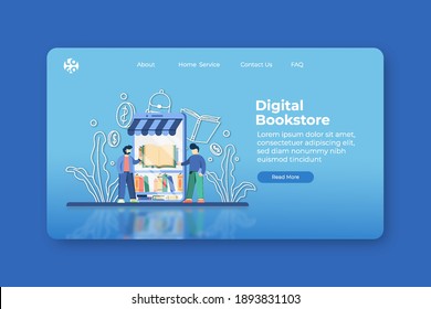 Modern Flat Design Vector Illustration. Digital Bookstore Landing Page And Web Banner Template. Online Store, E-Book, Online Shop, Online Education, Reading Book, E-Library, Book Festival, Buy Books.