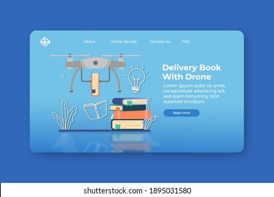 Modern flat design vector illustration. Delivery Book With Drone Landing Page and Web Banner Template. Digital Bookstore, Digital Library, Business Concept, Delivery Service, Online Shop.