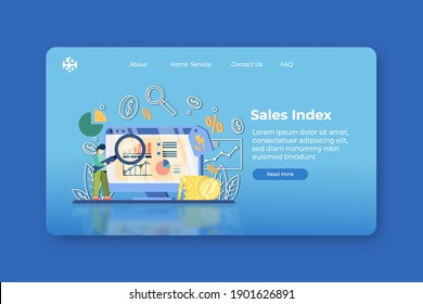 Modern flat design vector illustration. Sales Index Landing Page and Web Banner Template. Sales Progress, stocks statistic and business trends forecast, Sales Chart, SEO Analysis, Demand Planning.