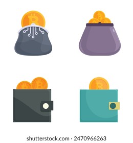 Modern flat design vector illustration set of cryptocurrency concept icons including bitcoin, wallet, coin, and digital currency for online banking and secure financial transactions