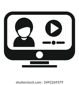 Modern flat design vector illustration of a black and white online video content icon with a person pressing the play button on a digital monitor screen