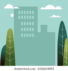 A modern flat design vector illustration of a building surrounded by tall trees and clouds in the background.