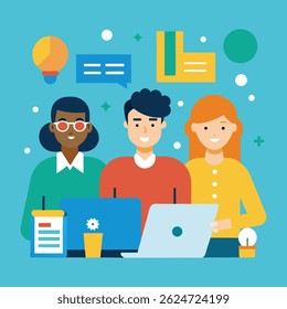 Modern flat design vector illustration of a diverse business team working together in an office with laptops, charts, and documents, professional and clean look