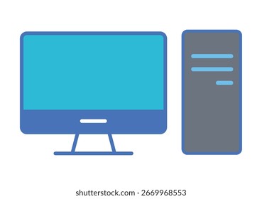 Una Ilustración vectorial de diseño plano moderno de una computadora personal de escritorio, con un monitor azul y una torre de sistema gris.