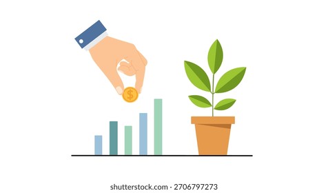 Eine moderne, flache Vektorgrafik, die das Konzept des Finanzwachstums, der Ersparnisse und der Investitionen darstellt. Eine Hand legt eine Münze über einem aufsteigenden Balkendiagramm ab.
