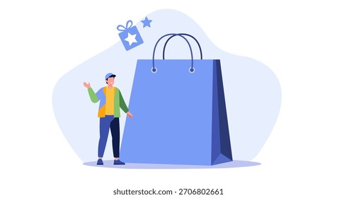 Una Ilustración vectorial de diseño plano moderno que representa compras en línea o fuera de línea, lealtad del Cliente y programas de recompensa. Un personaje masculino se muestra junto a una Grande bolsa de compras azul.