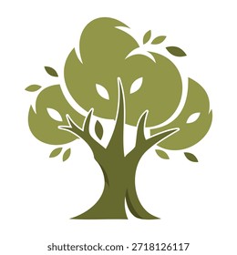 Una Ilustración vectorial de diseño plano moderno de un árbol verde frondoso, que se asemeja a un roble estilizado. La obra de arte presenta un tronco robusto y capas de follaje voluminosas y redondeadas en tonos verde oliva y musgo, con hojas flotantes dispersas. Ideal para marcas ecológicas, logotipos de la naturaleza, íconos de parques y Diseño gráfico ambiental. Aislado en un fondo blanco. logotipo del olivo, silueta del olivo