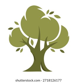 Una Ilustración vectorial de diseño plano moderno de un árbol verde frondoso, que se asemeja a un roble estilizado. La obra de arte presenta un tronco robusto y capas de follaje voluminosas y redondeadas en tonos verde oliva y musgo, con hojas flotantes dispersas. Ideal para marcas ecológicas, logotipos de la naturaleza, íconos de parques y Diseño gráfico ambiental. Aislado en un fondo blanco. logotipo del olivo, silueta del olivo