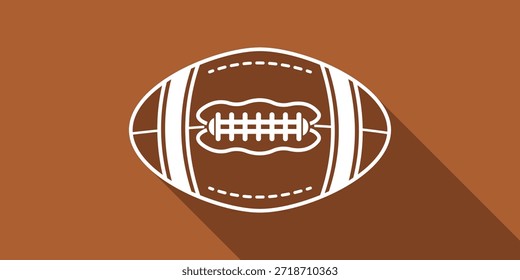 A modern flat design vector illustration of an American football with a long shadow. The icon features a white outline on a warm brown background, ideal for sports apps, websites, or digital media.